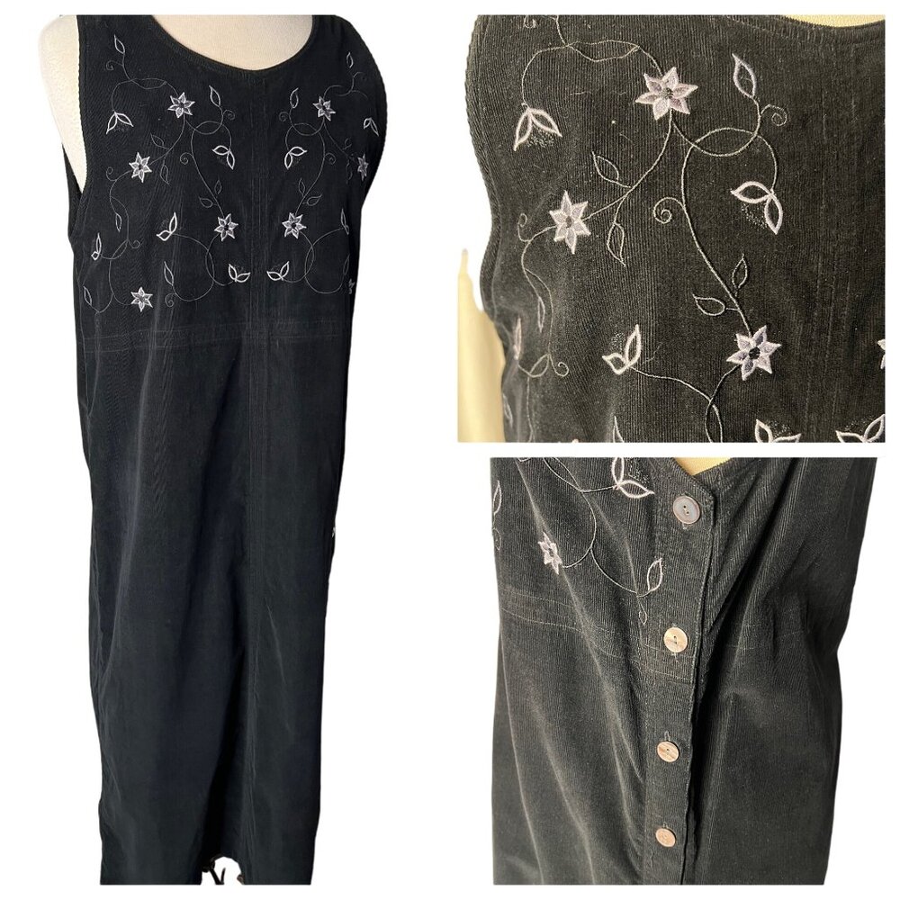Vintage Black Sleeveless Corduroy Dress  Floral Embroidery Buttons Midi-Maxi